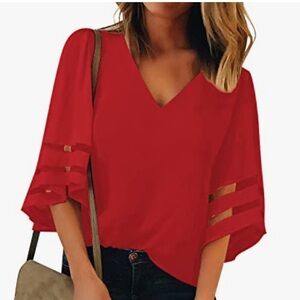 JOUICA Women’s Red Short Semi-sheer Sleeves Blouse